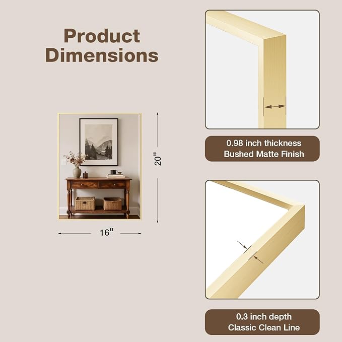 MZON 16" x 20" Brushed Gold Bathroom Vanity Mirror, Mirror for Over Sink | Aluminum Alloy Frame, Clear Reflection, Rust-Resistant, Vertical or Horizontal, Wall Mount, Bedroom and Entryway