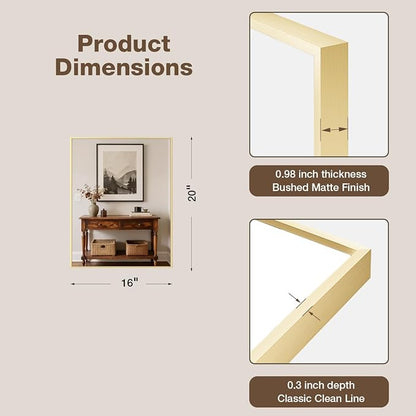 MZON 16" x 20" Brushed Gold Bathroom Vanity Mirror, Mirror for Over Sink | Aluminum Alloy Frame, Clear Reflection, Rust-Resistant, Vertical or Horizontal, Wall Mount, Bedroom and Entryway