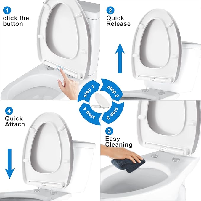 MUU Toilet seat, Slow Close, White heavy duty Toilet Seat with Non-slip Seat Bumpers Easy to Install & Clean PP Material Replacement Toilet Seat Fits All Toilet Brands Elongated Toilets(MU357-PP)