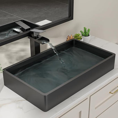Dcolora 24 In. Black Drop In Bathroom Vessel Sink, 16 Gauge Stainless Steel, Rectangle Design with Drain Assembly, 14"D x 24"W x 4"H #DC-VS261205