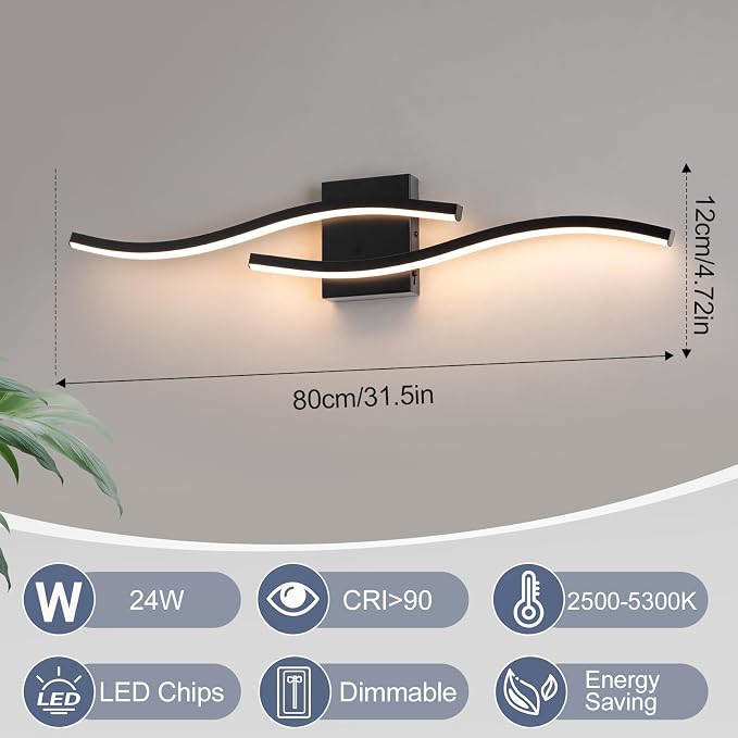 Black Curved Bathroom Vanity Light Fixture Over Mirror, 31.5 inch Modern LED Wall Lamp 5CCT Dimmable Bathroom Light Fixture Modern Vanity Lighting Wall Sconces