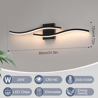 Black Curved Bathroom Vanity Light Fixture Over Mirror, 31.5 inch Modern LED Wall Lamp 5CCT Dimmable Bathroom Light Fixture Modern Vanity Lighting Wall Sconces