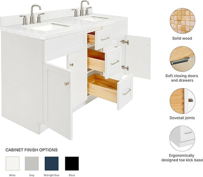 ARIEL Hamlet 60-inch Bathroom Vanity with Sink,Solid Wood, 1.5-inch Carrara White Quartz Countertop & Backsplash, Double Rectangular Porcelain Sink, 4 Soft Closing Doors, 3 Dovetail Drawers, White