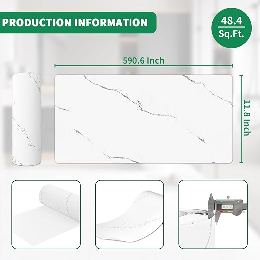 White Marble Peel and Stick Floor Tiles, A Roll of Vinyl Flooring Waterproof – 11.8" Width 590" Length, Self-Adhesive and Non-Slip Features for Bathroom, Kitchen and Living Room