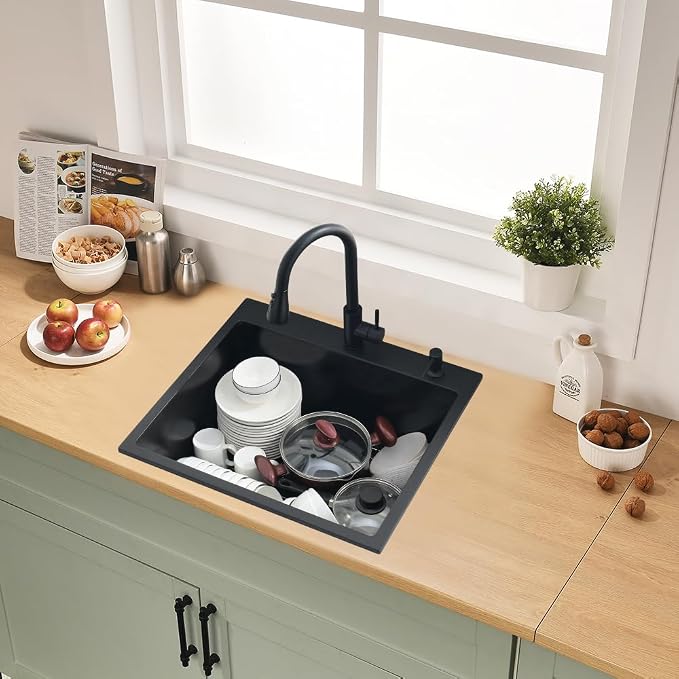 25 Inch Quartz Drop In Kitchen Sink | 25x22 Inch Black Granite Composite Quartz Drop In Utility Outdoor Sink Topmount Single Bowl Kitchen Sink with Rubber Squeegee