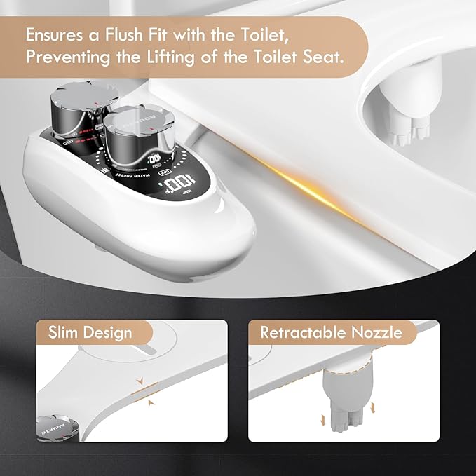 Non-Electric Bidet Attachment for Toilet Seat, Dual Temperature Rear and Feminine Wash, 7.9ft Hot Water Hose, Temperature Display