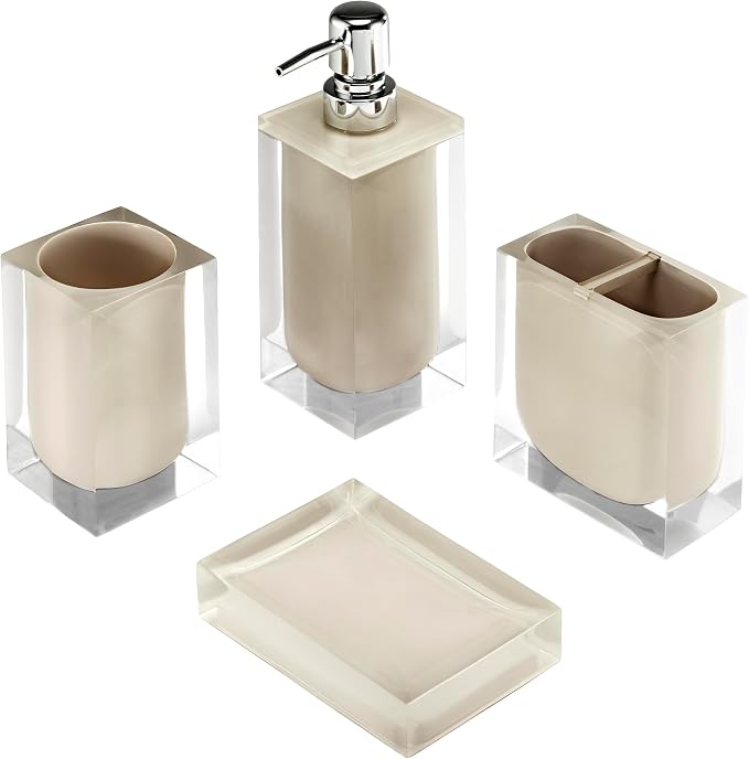 IZOD – Bathroom Accessory Set, Clear Resin with Painted Linen Look Finish, Decorative Lotion Pump, Soap Dish, Toothbrush Holder & Tumbler (Marina)