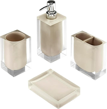 IZOD – Bathroom Accessory Set, Clear Resin with Painted Linen Look Finish, Decorative Lotion Pump, Soap Dish, Toothbrush Holder & Tumbler (Marina)