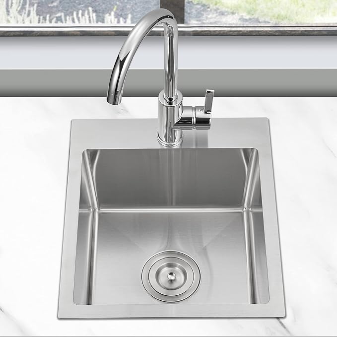 Brushed Topmount Kitchen Sink - 13”×15” Single Bowl Sink | 8 Inch Deep Handmade Bar Sink with Strainer, Stainless Steel 304, Center Drain, X-Groove Drainage, Sound-Dampening Pad