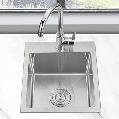 Brushed Topmount Kitchen Sink - 13”×15” Single Bowl Sink | 8 Inch Deep Handmade Bar Sink with Strainer, Stainless Steel 304, Center Drain, X-Groove Drainage, Sound-Dampening Pad