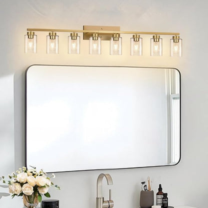 IZORRO Modern Bathroom Light Fixtures, 8 Light Gold Vanity Lights, Bathroom Lighting Fixtures Over Mirror with Clear Glass for Living Room Cabinet Bedroom