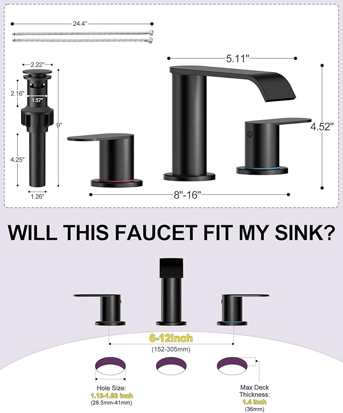 Homevacious Matte Black Waterfall Bathroom Faucet for Sink 3 Hole 8 Inch Widespread Bathroom Sink Faucets with Pop-up Drain Supply Lines Stainless Steel 2-Handle Bathroom Sink Faucet for Bath Vanity