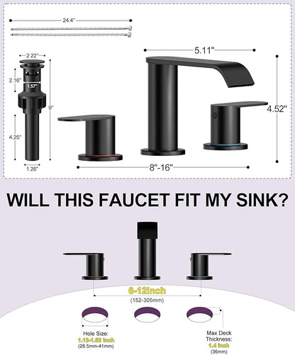 Homevacious Matte Black Waterfall Bathroom Faucet for Sink 3 Hole 8 Inch Widespread Bathroom Sink Faucets with Pop-up Drain Supply Lines Stainless Steel 2-Handle Bathroom Sink Faucet for Bath Vanity