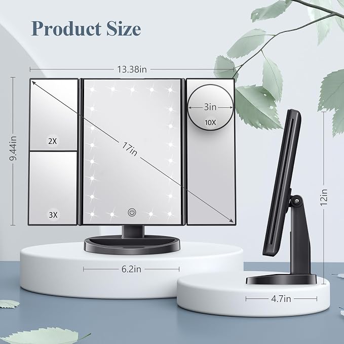 HUONUL 2X/3X/10X Magnifying Vanity Mirror with Light, Trifold Makeup Mirror | Touch Dimming, Dual Power, Clear View for Makeup, Skincare. Dorm Room Essentials. Birthday Gifts for Women, Mom, Wife, Girls