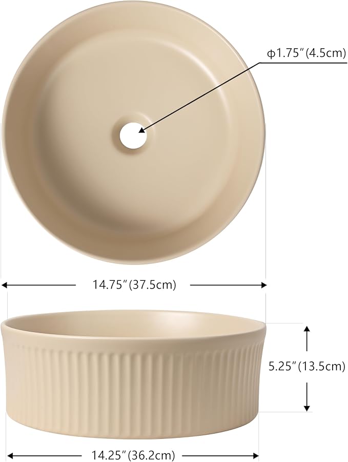 JONATHAN Y Element 14.75" Round Fluted Vessel Sink, Matte Beige | Ceramic, Above Counter Vanity Basin, 5.25" Height, 1.75" Drain Hole, Stain Resistant Glaze, Modern Minimalist Style