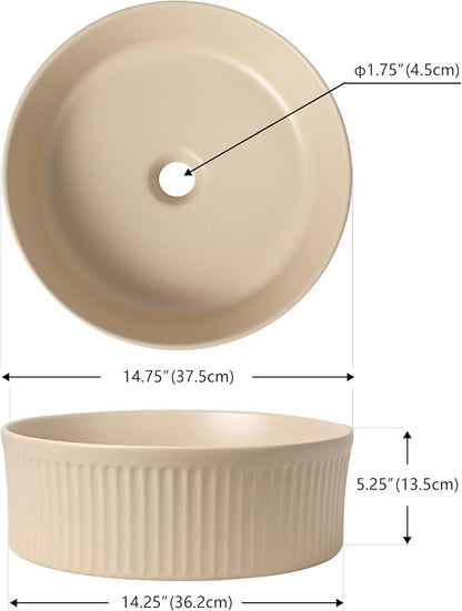 JONATHAN Y Element 14.75" Round Fluted Vessel Sink, Matte Beige | Ceramic, Above Counter Vanity Basin, 5.25" Height, 1.75" Drain Hole, Stain Resistant Glaze, Modern Minimalist Style