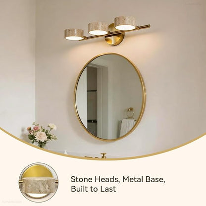 Led Bathroom Lighting Fixtures Over Mirror with 3 Travertine Shades,Vanity Lights Wall Lamp, 180° Rotatable Stone Lampshades Bathroom Lights, Modern Farmhouse Stone Sconces Gold