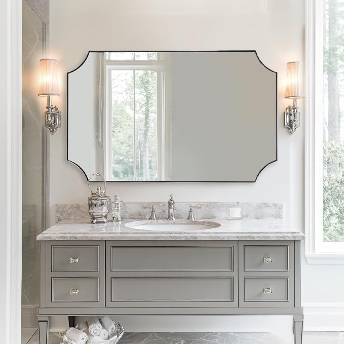Brushed Nickel Mirror 30x48 Inch, Large Scalloped Bathroom Mirror, Anti-Rust Stainless Steel Metal Thin Frame Deep 1’’, Unique Rectangle Mirror Hangs Vertically or Horizontally