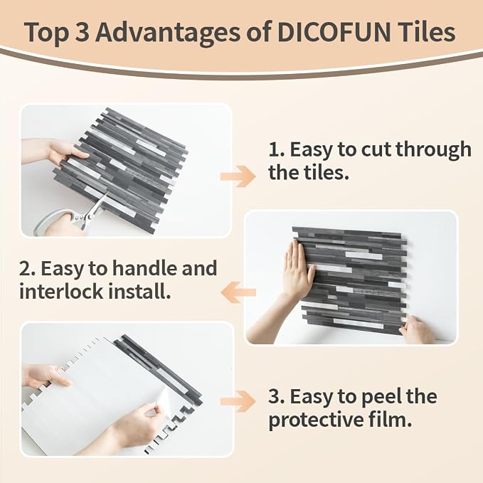 DICOFUN 10-Sheet Peel and Stick Backsplash Tile, Black & Grey Wood Look PVC Mixed Metal Stick on Backsplash Tiles for Kitchen, 9.4 sq.ft