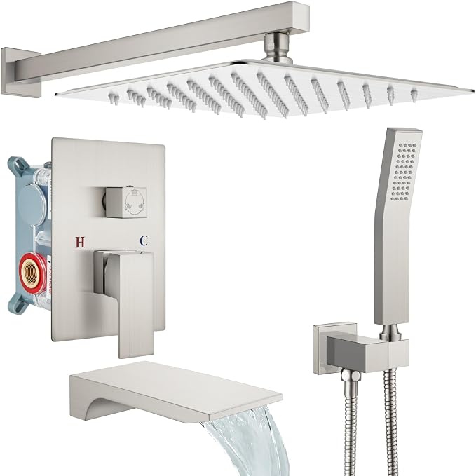 gotonovo Tub Shower Faucet Set with Valve 12'' Rain Head,Brushed Nickel | Waterfall Tub Spout Shower System,Bathtub Faucet Set,SUS304 Rain Head with Handheld,Brass Valve Trim Kit,All Metal,Wall Mount