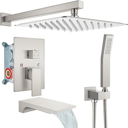 gotonovo Tub Shower Faucet Set with Valve 12'' Rain Head,Brushed Nickel | Waterfall Tub Spout Shower System,Bathtub Faucet Set,SUS304 Rain Head with Handheld,Brass Valve Trim Kit,All Metal,Wall Mount