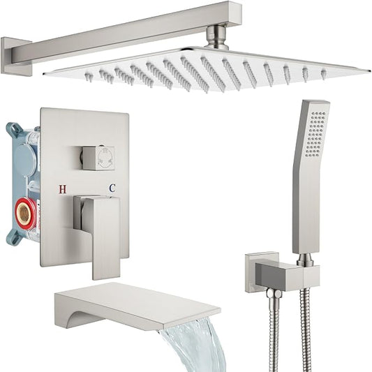 gotonovo Tub Shower Faucet Set with Valve 12'' Rain Head,Brushed Nickel | Waterfall Tub Spout Shower System,Bathtub Faucet Set,SUS304 Rain Head with Handheld,Brass Valve Trim Kit,All Metal,Wall Mount