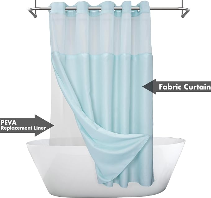 River Dream No Hook Shower Curtain with Snap-in Liner Set, Blue, 71x74 | Snap on/off Waterproof PEVA Liner, See Through Top Window, Slub Textured, Hotel Style Shower Curtain Set, Standard Size