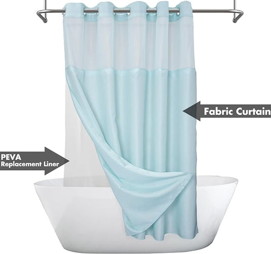 River Dream No Hook Long Shower Curtain with Snap-in Liner 71x80, Blue | Snap on/off Waterproof PEVA Liner, See Through Top Window, Slub Textured, Hotel Style Shower Curtain Set, 71W x 80H