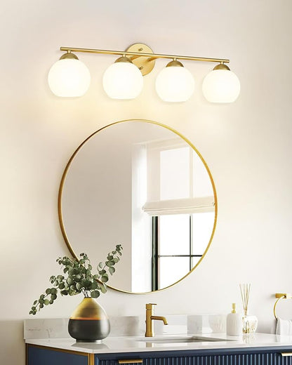 Emak Modern Gold Bathroom Light Fixtures Over Mirror, 4 Light Bathroom Vanity Light with Milk Glass Shade, 29 Inch Globe Vanity Lights for Bathroom, Mirror, VL114-GD-ML-4