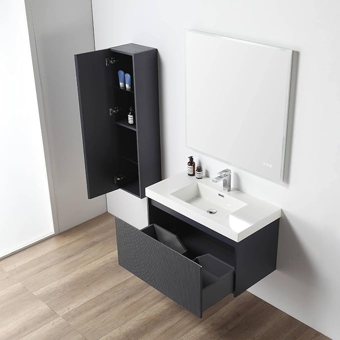 Blossom 36 Inch Bathroom Vanity with Sink and Side Cabinet, All Wood Floating Bathroom Vanity with Acrylic Sink, Bathroom Sink Cabinet with Soft-Close Drawer, Modern Style Vanities, Night Blue