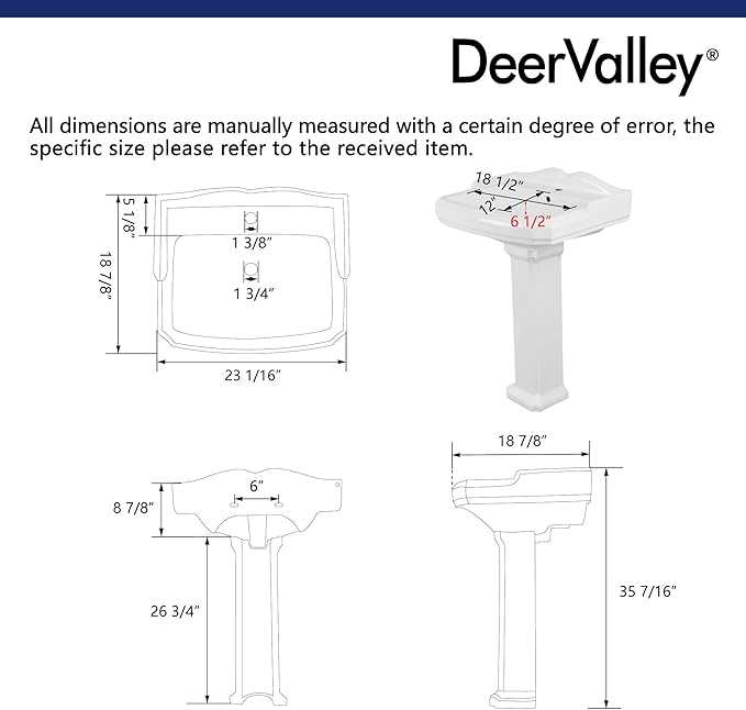 DeerValley Dynasty 23x19 Inch White Ceramic Pedestal Bathroom Sink with Overflow, Single Faucet Hole, DV-1P52201