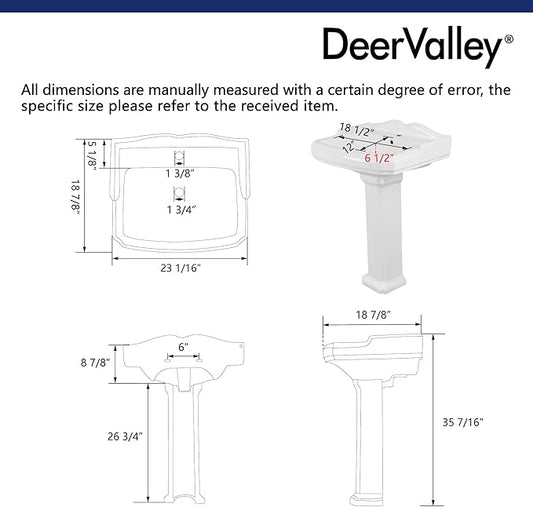 DeerValley Dynasty 23x19 Inch White Ceramic Pedestal Bathroom Sink with Overflow, Single Faucet Hole, DV-1P52201