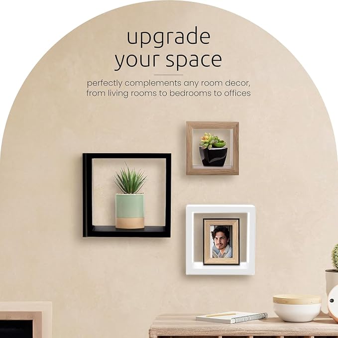 Kiera Grace Cubbi Floating Shelves, Modern Wall-Mounted Square Shelves for Bedroom, Bathroom, Kitchen, Easy to Hang, 5"/7"/9", , Set of 3