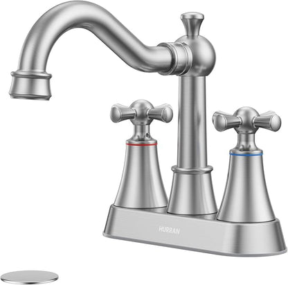 Hurran 4-inch Centerset Brushed Nickel Classical Bathroom Faucet, 2 Handles for 2 or 3 Hole Sink with 360° Swivel Spout, Pop Up Drain Assembly and Supply Hose for Vanity Sink Lavatory Faucet