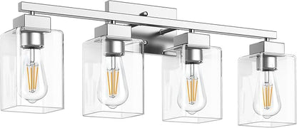 PARTPHONER 4-Light Bathroom Light Fixtures, Brushed Nickel Modern Vanity Lights, Bathroom Lighting Fixtures Over Mirror, Square Design Farmhouse Wall Sconces with Clear Glass Shades