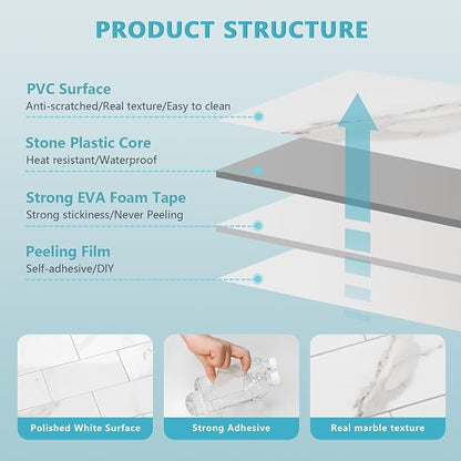 Vamos Tile 100-Piece Peel and Stick Backsplash Seamless Tile,3''x6'' Glossy Statury White Marble with White Grout PVC Subway Tile,Stick on Backsplash for Kitchen/Bathroom/Laundry Room