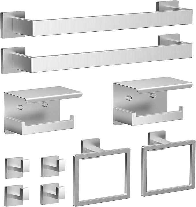 10-Piece Brushed Nickel Bathroom Hardware Set with 2 Toilet Paper Holders with Shelves, 16" Towel Bar Set for Bathroom, Bathroom Accessory Kit Includes 2 Towel Rods, 2 Hand Towel Rings, 4 Robe Hooks