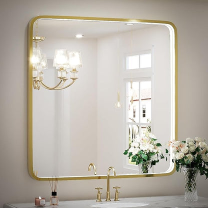36X36 Inch LED Gold Frame Bathroom Mirror, ETL Listed | Anti-Fog,3 Color 3000K/4500K/6000K Dimmable,Horizontal & Vertical,Wall Mounted,Memory Function