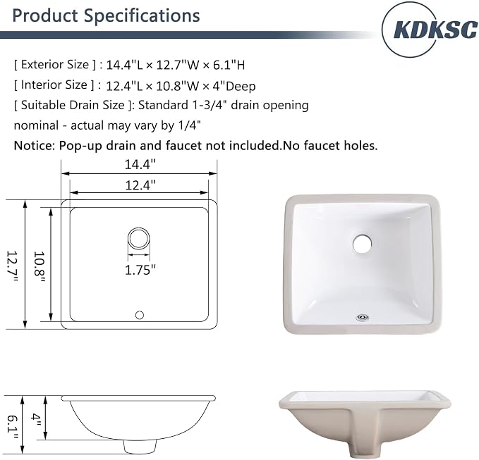 14 Inch Small Undermount Bathroom Sink White Ceramic Rectangular Under Counter Bathroom Sink for Cabinet Porcelain Vanity Sinks,Overflow Type (14.4"x12.7")