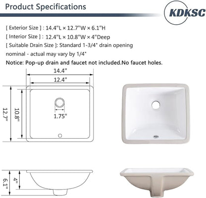 14 Inch Small Undermount Bathroom Sink White Ceramic Rectangular Under Counter Bathroom Sink for Cabinet Porcelain Vanity Sinks,Overflow Type (14.4"x12.7")