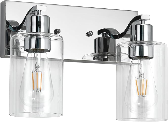 2 Lights Bathroom Light Fixtures Chrome Vanity Light with Clear Glass Shade 13in Modern Bathroom Lighting Fixtures Over Mirror for Bedroom/Living Room