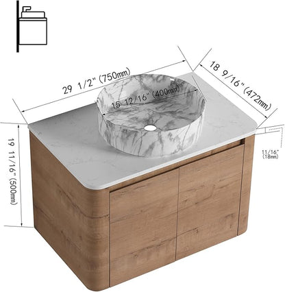 LKTART 30 Inch Floating Bathroom Vanity with Sink, Modern Wall Mounted Bathroom with Soft Close Door, Stone Round Ceramic Basin and Sintered Stone Top