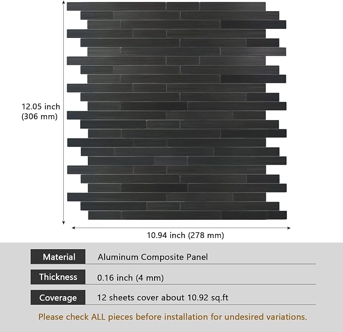 Black Peel and Stick Backsplash Linear Tile for Kitchen, Self Adhesive Brushed Aluminum Fireplace Stick on Wall Tiles (12 Sheets)