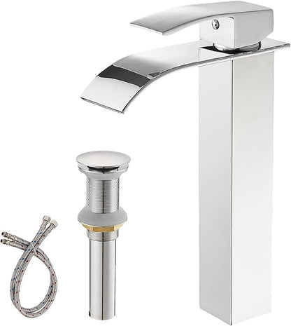 BWE Vessel Sink Faucet Modern Waterfall Chrome Single Hole Bathroom Faucet Single Handle with Pop up Drain Without Overflow Assembly Vanity Basin Bath Sink Faucets Mixer Tap