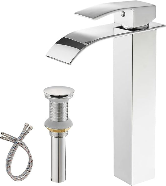 BWE Vessel Sink Faucet Modern Waterfall Chrome Single Hole Bathroom Faucet Single Handle with Pop up Drain Without Overflow Assembly Vanity Basin Bath Sink Faucets Mixer Tap