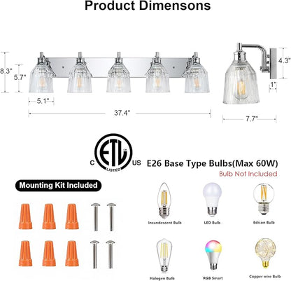 5 Light Bathroom Light Fixtures Modern Chrome Vanity Lights for Bathroom Lighting Fixtures Over Mirror with Thickened Glass Shade for Cabinet Mirror Bedroom Hallway