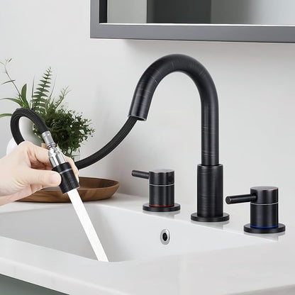 Pull Down Bathroom Faucet for Sink 3 Hole,8 inch Widespread Oil Rubbed Bronze Bathroom Sink Faucet with Pop Up Drain, Water Supply Hoses