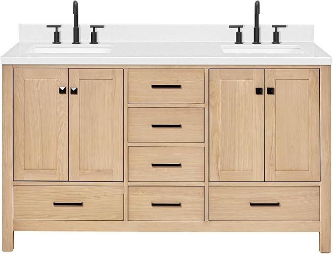 ARIEL 60 inch Double Bathroom Vanity top with Sink, 1.5 Inch Thick Miter Edge Carrara White Quartz top, Rectangle Double Sink Vanity top, Includes Backsplash
