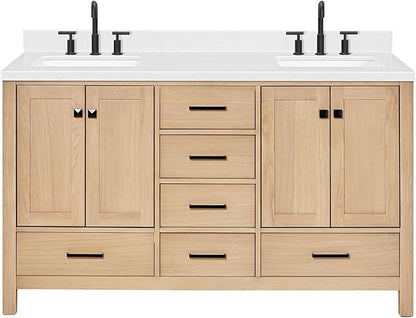 ARIEL 60 inch Double Bathroom Vanity top with Sink, 1.5 Inch Thick Miter Edge Carrara White Quartz top, Rectangle Double Sink Vanity top, Includes Backsplash