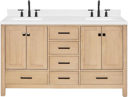 ARIEL 60 inch Double Bathroom Vanity top with Sink, 1.5 Inch Thick Miter Edge Carrara White Quartz top, Rectangle Double Sink Vanity top, Includes Backsplash